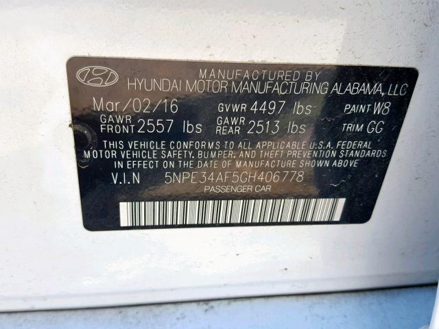 5NPE34AF5GH406778 - 2016 HYUNDAI SONATA SPO WHITE photo 10