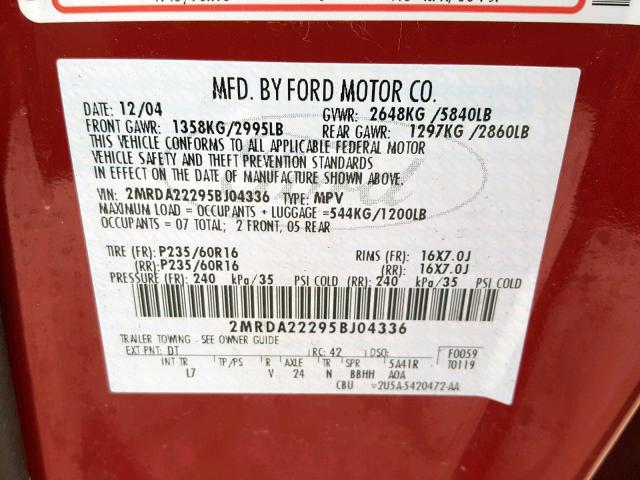 2MRDA22295BJ04336 - 2005 MERCURY MONTEREY L MAROON photo 10