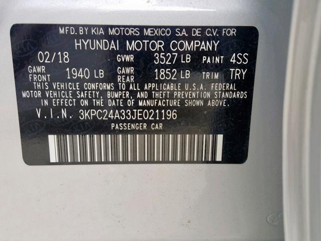 3KPC24A33JE021196 - 2018 HYUNDAI ACCENT SE SILVER photo 10