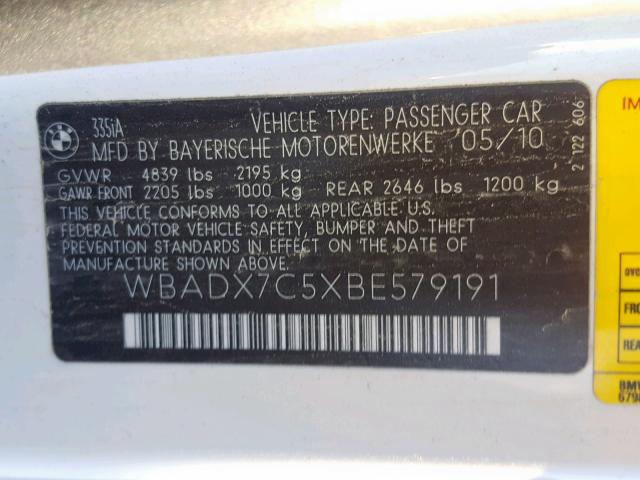 WBADX7C5XBE579191 - 2011 BMW 335 I WHITE photo 10