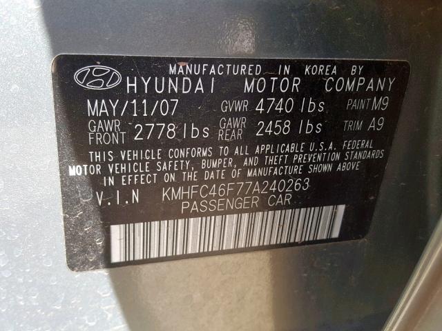 KMHFC46F77A240263 - 2007 HYUNDAI AZERA SE GRAY photo 10