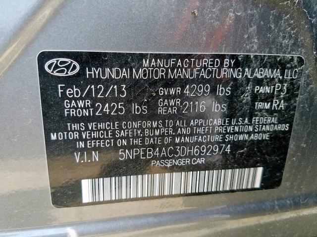 5NPEB4AC3DH692974 - 2013 HYUNDAI SONATA GLS GRAY photo 10