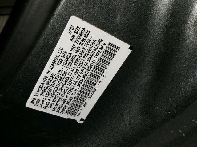 5FNRL38837B054141 - 2007 HONDA ODYSSEY TO GRAY photo 10