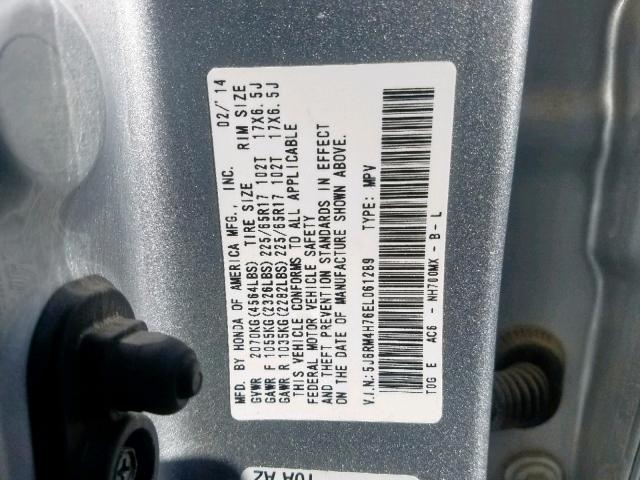 5J6RM4H76EL061289 - 2014 HONDA CR-V EXL SILVER photo 10