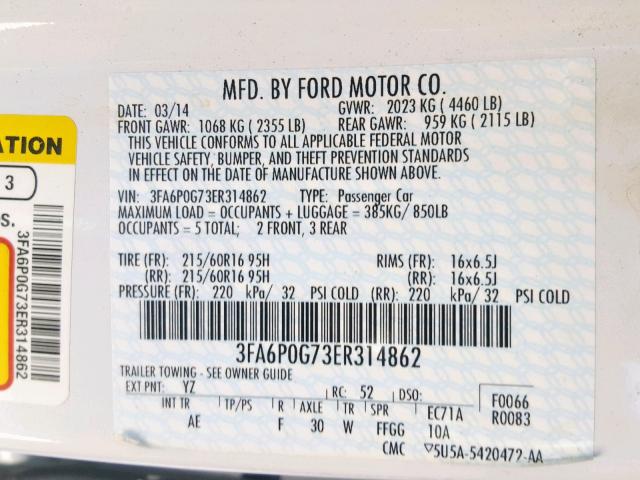 3FA6P0G73ER314862 - 2014 FORD FUSION S WHITE photo 10