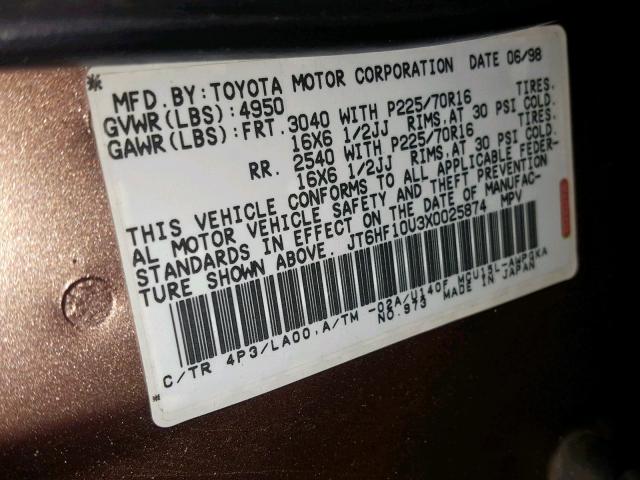 JT6HF10U3X0025874 - 1999 LEXUS RX 300 GOLD photo 10