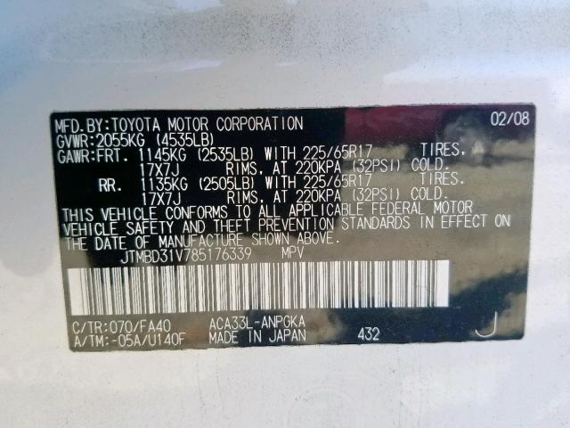 JTMBD31V785176339 - 2008 TOYOTA RAV4 LIMIT WHITE photo 10