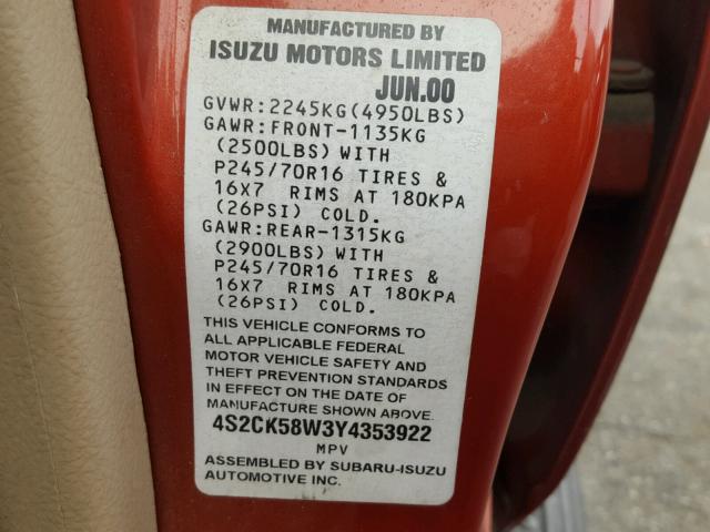 4S2CK58W3Y4353922 - 2000 ISUZU RODEO S RED photo 10