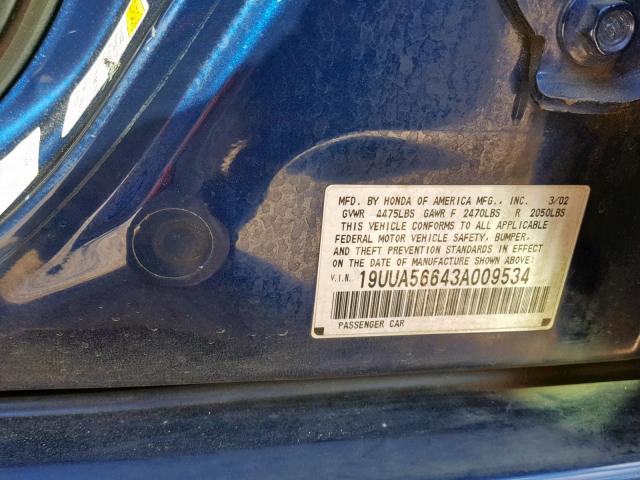 19UUA56643A009534 - 2003 ACURA 3.2TL BLUE photo 10