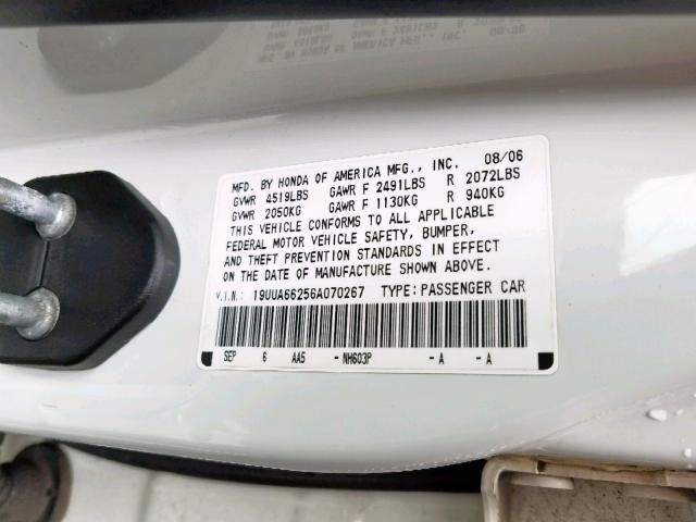 19UUA66256A070267 - 2006 ACURA 3.2TL WHITE photo 10