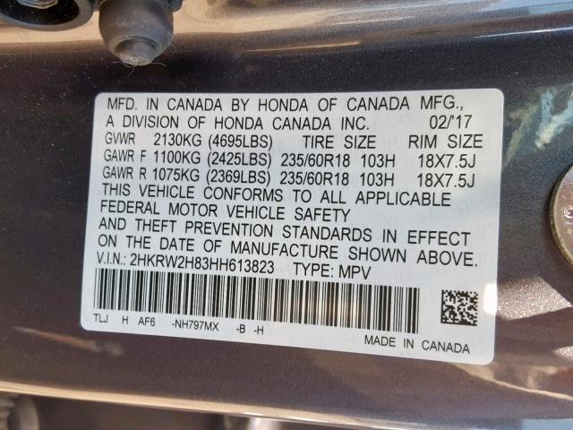 2HKRW2H83HH613823 - 2017 HONDA CR-V EXL GRAY photo 10