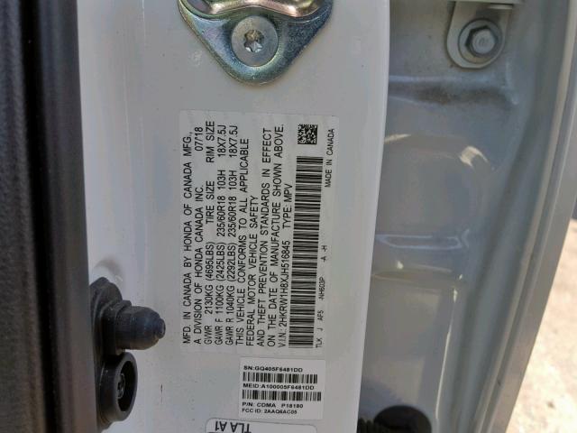 2HKRW1H8XJH516845 - 2018 HONDA CR-V EXL WHITE photo 10