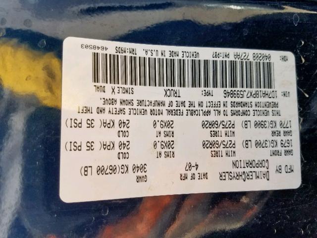 1D7HA18PX7J599846 - 2007 DODGE RAM 1500 S BLUE photo 10