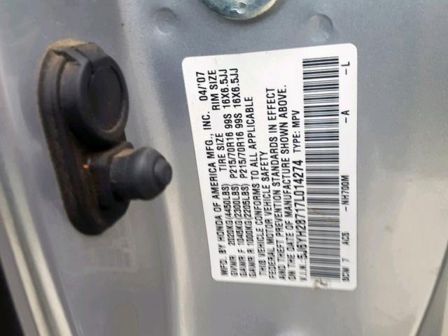 5J6YH28717L014274 - 2007 HONDA ELEMENT EX SILVER photo 10