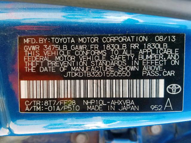 JTDKDTB32D1550550 - 2013 TOYOTA PRIUS C BLUE photo 10