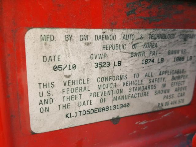 KL1TD5DE6AB131340 - 2010 CHEVROLET AVEO LS RED photo 10