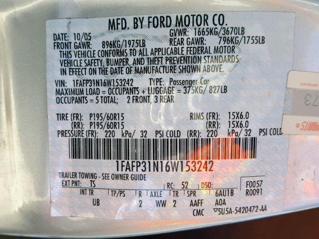 1FAFP31N16W153242 - 2006 FORD FOCUS ZX3 SILVER photo 10