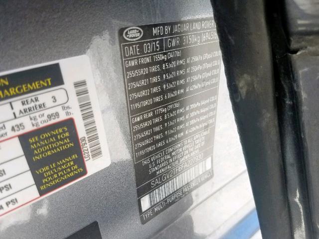 SALGV2TF6FA227930 - 2015 LAND ROVER RANGE ROVE GRAY photo 10