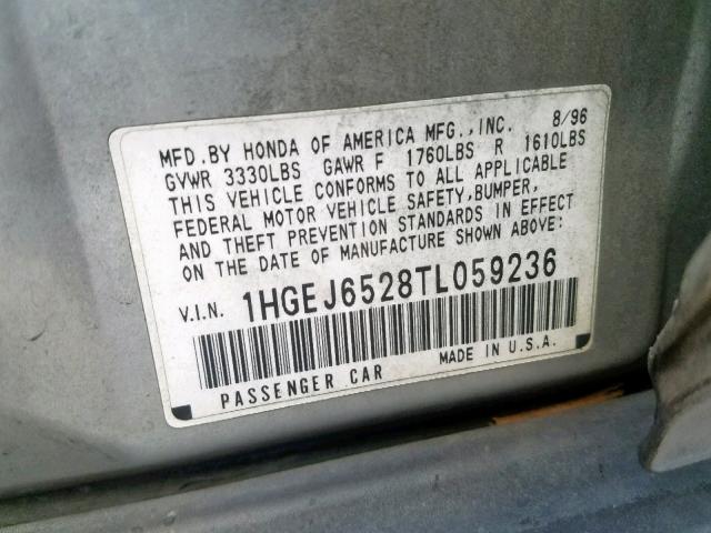 1HGEJ6528TL059236 - 1996 HONDA CIVIC DX SILVER photo 10