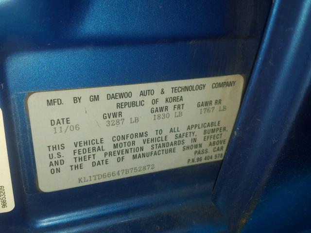 KL1TD66647B752872 - 2007 CHEVROLET AVEO BASE Mavi foto 10