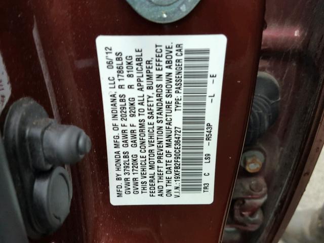 19XFB2F90CE364727 - 2012 HONDA CIVIC EXL BURGUNDY photo 10