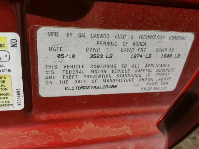 KL1TD5DE7AB128480 - 2010 CHEVROLET AVEO LS RED photo 10