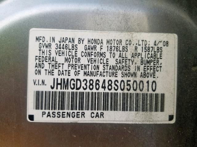 JHMGD38648S050010 - 2008 HONDA FIT SPORT GRAY photo 10