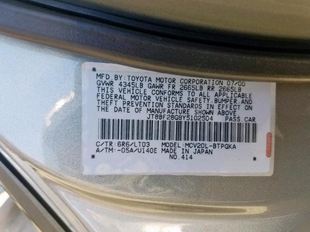 JT8BF28G8Y5102504 - 2000 LEXUS ES 300 GRAY photo 10