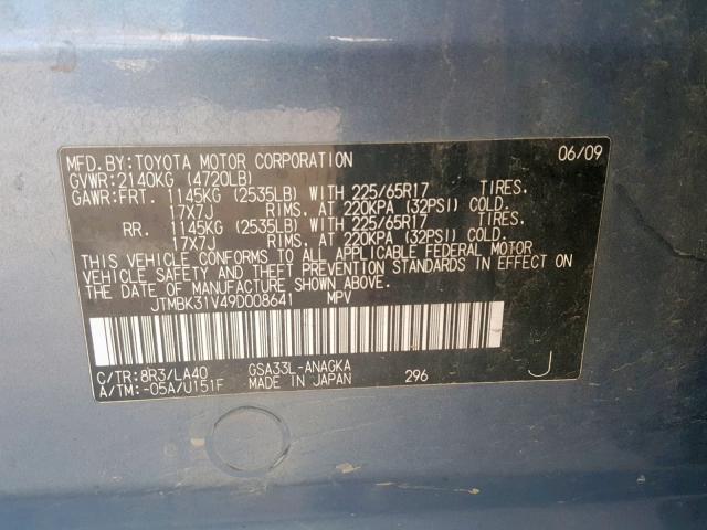 JTMBK31V49D008641 - 2009 TOYOTA RAV4 LIMIT BLUE photo 10