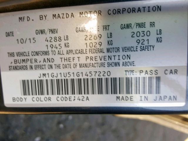 JM1GJ1U51G1457220 - 2016 MAZDA 6 SPORT BLACK photo 10