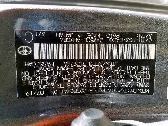 JTDKARFP2L3129746 - 2020 TOYOTA PRIUS PRIM 灰色 照片 10