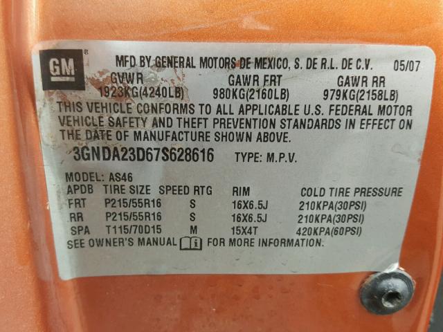 3GNDA23D67S628616 - 2007 CHEVROLET HHR LT ORANGE photo 10