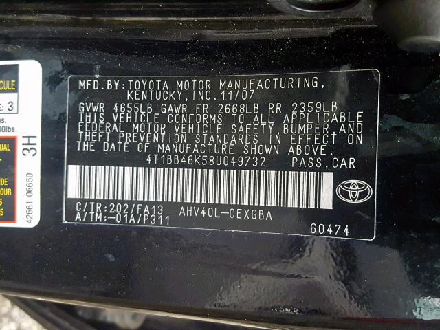 4T1BB46K58U049732 - 2008 TOYOTA CAMRY HYBR BLACK photo 10