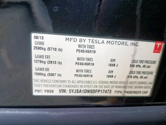 5YJSA1DN9DFP17473 - 2013 TESLA MODEL S BLACK photo 10