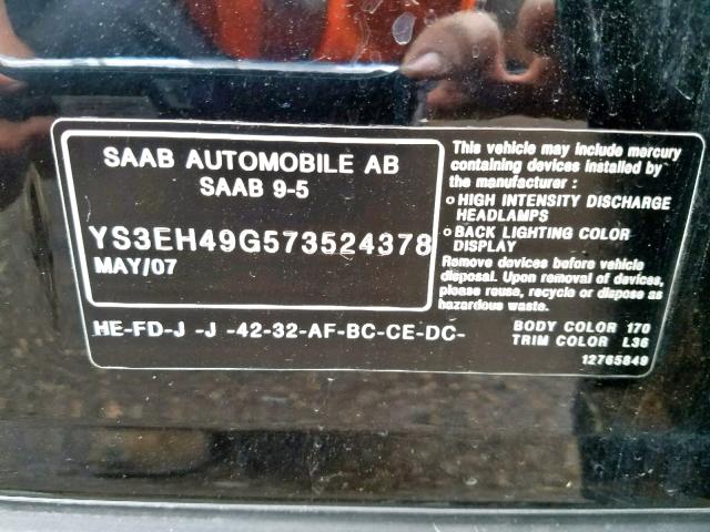 YS3EH49G573524378 - 2007 SAAB 9-5 AERO BLACK photo 10