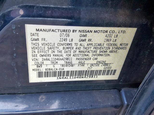 1N4AL11D46N429811 - 2006 NISSAN ALTIMA S BLUE photo 10