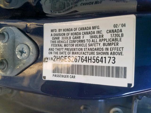 2HGES26764H564173 - 2004 HONDA CIVIC EX BLUE photo 10