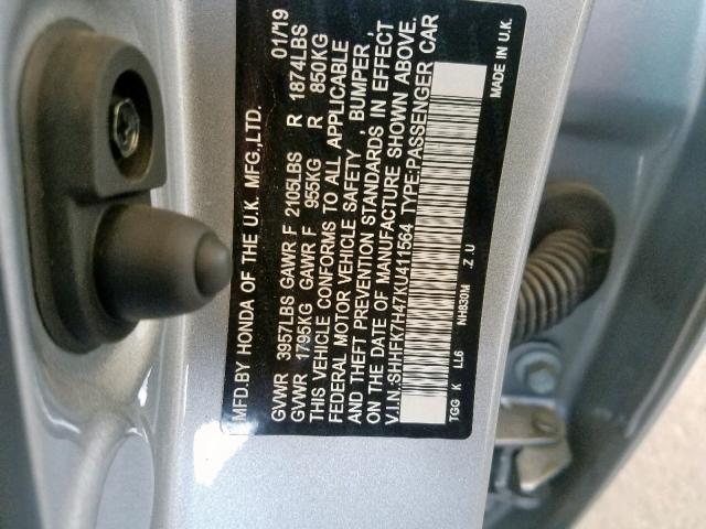 SHHFK7H47KU411564 - 2019 HONDA CIVIC SPOR SILVER photo 10