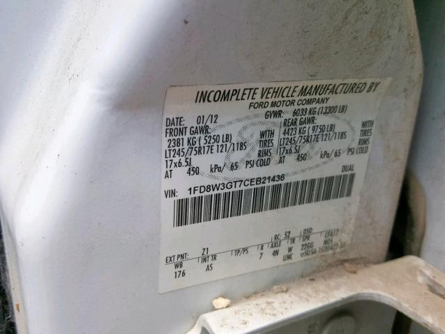 1FD8W3GT7CEB21436 - 2012 FORD F-350 WHITE photo 10