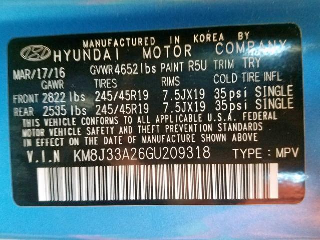 KM8J33A26GU209318 - 2016 HYUNDAI TUCSON LIM BLUE photo 10