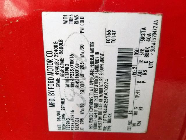 1FTYR44E25PA10274 - 2005 FORD RANGER SUP RED photo 10