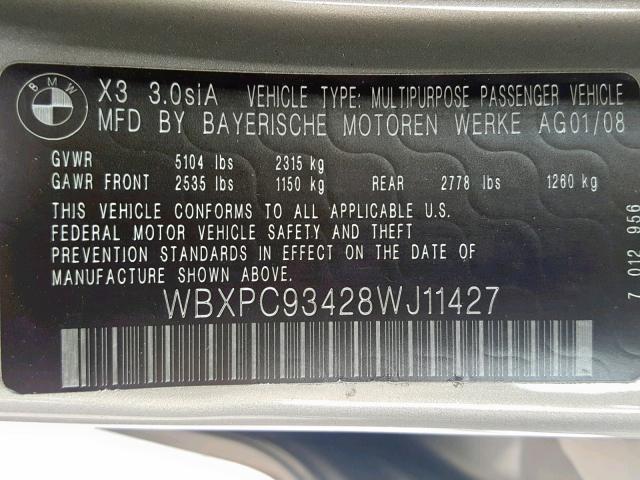 WBXPC93428WJ11427 - 2008 BMW X3 3.0SI GOLD photo 10