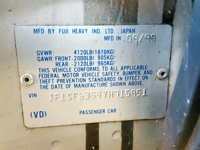 JF1SF6354YH715951 - 2000 SUBARU FORESTER L SILVER photo 10