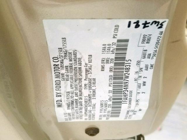 1FAHP34N97W248315 - 2007 FORD FOCUS ZX4 GOLD photo 10