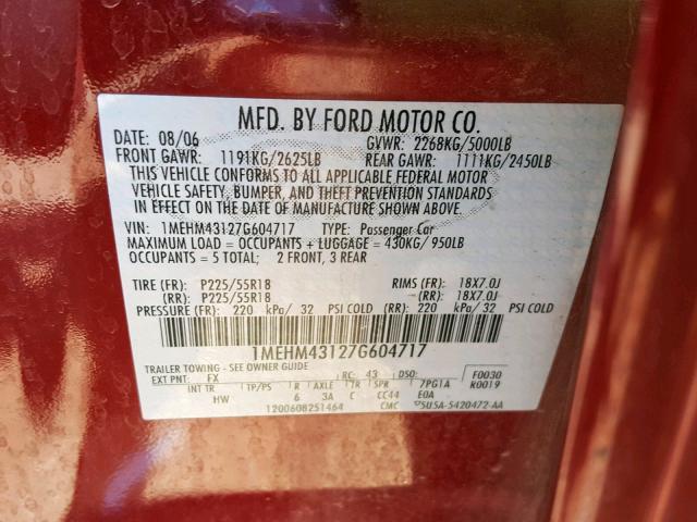 1MEHM43127G604717 - 2007 MERCURY MONTEGO PR MAROON photo 10