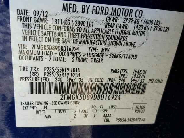 2FMGK5D89DBD16924 - 2013 FORD FLEX LIMIT BLUE photo 10