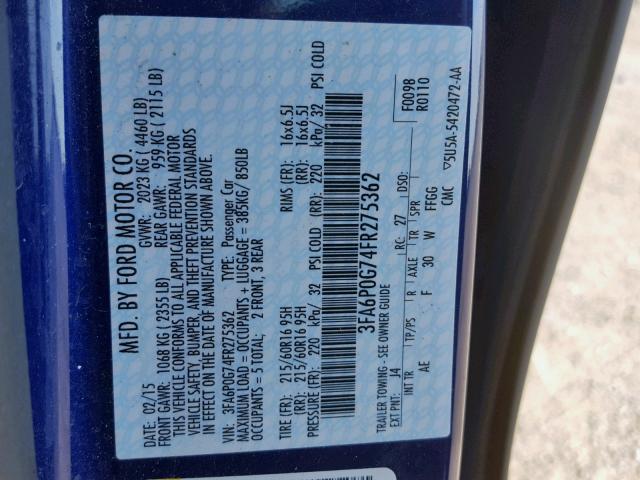 3FA6P0G74FR275362 - 2015 FORD FUSION S BLUE photo 10