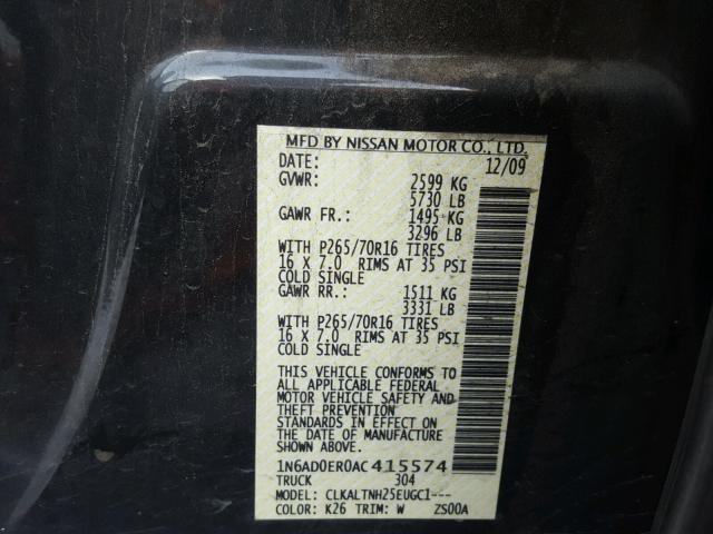 1N6AD0ER0AC415574 - 2010 NISSAN FRONTIER C GREEN photo 10