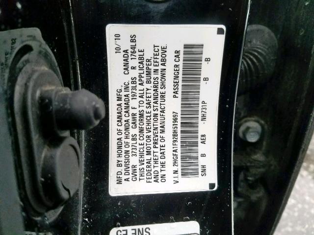 2HGFA1F92BH519697 - 2011 HONDA CIVIC EXL 黑色 照片 10