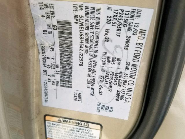 5LMEU68H54ZJ22578 - 2004 LINCOLN AVIATOR Qızıl foto 10